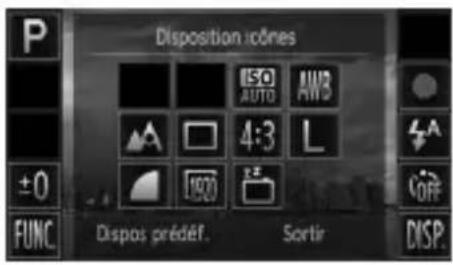 Disposition icônes ISO AUTO AUTO AW3 4:3 L ±0 FUNC Dispos prédéf. Sortir DISP.