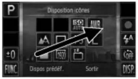 Disposition icônes ISO AUTO AWR ±0 FUNC. Dispas prédéf. Sortir DISP.