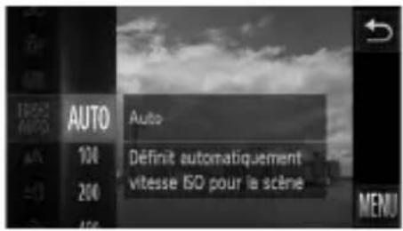 AUTO Auto Définit automatiquement vitesse ISO pour le scène 104 200 MENU