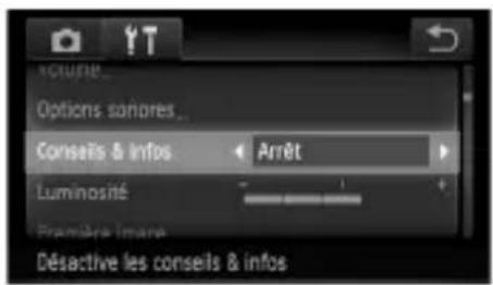 Volume... Options sonores... Conseils & infos Arrêt Luminosité Première Imane Désactive les conseils & infos