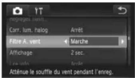 mogregles, dans! Corr. lum. halog Arrêt Fitre A. vent Marche Affichage 2 sec. Le se info Arrêt Acténue le souffle du vent pendant l'enreg.