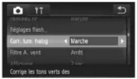 risceau PR Marche Répleges flash... Corr. lum. halog Marche Filtre A. vent Arrêt 3 feet/second 7 feet Corrige les tons verts des