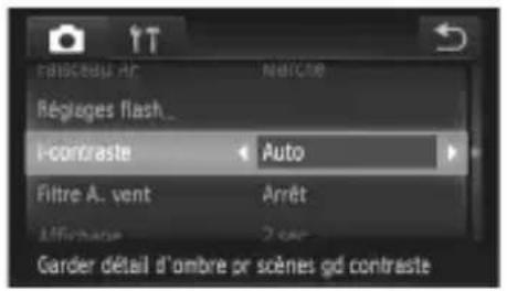Réciseau AR Répleges flash... Contraste Auto Filtre A. vent Arrêt Alférange 2 sec Garder détail d'ombre or scènes gd contraste