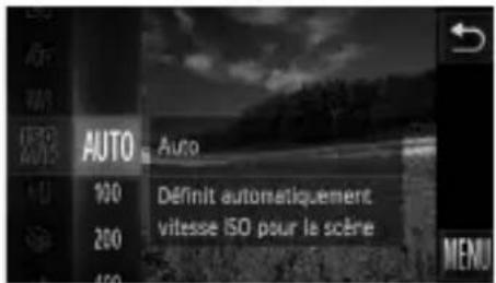AUTO Auto 100 200 Définit automatiquement vitesse ISO pour le scène MENU