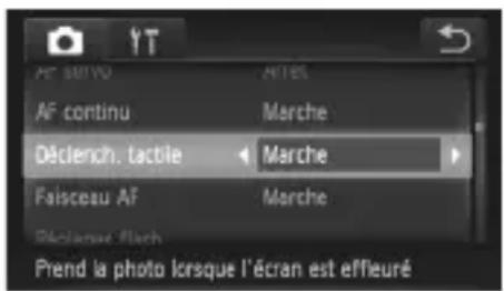 AF SINTO AF continu Déclench. tactile Faisceau AF Réclamer flash ANotes Marche Marche Marche Prend la photo lorsque l'écran est effleuré