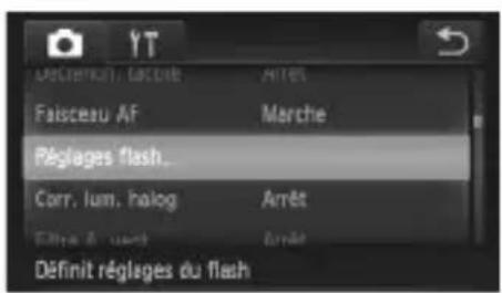 Définit réglages du flash Faisceau AF Réglages flash... Corr. lum. halog Arrêt Éttrée à unet Arrêt Définit réglages du flash