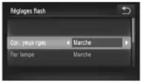 Réglages flash Con. yeux rges Marche Par lampe Marche