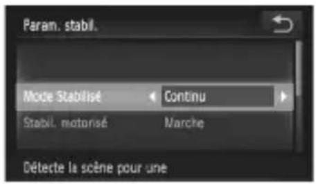Param. stabil. Mode Stabilisé Continu Stabil. motorisé Marche Détecte la scène pour une