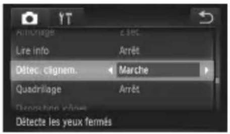 Aimbrage Lire info Détec clignem. Quadrillage Étecte les yeux fermés z sec Arrêt Marche Arrêt