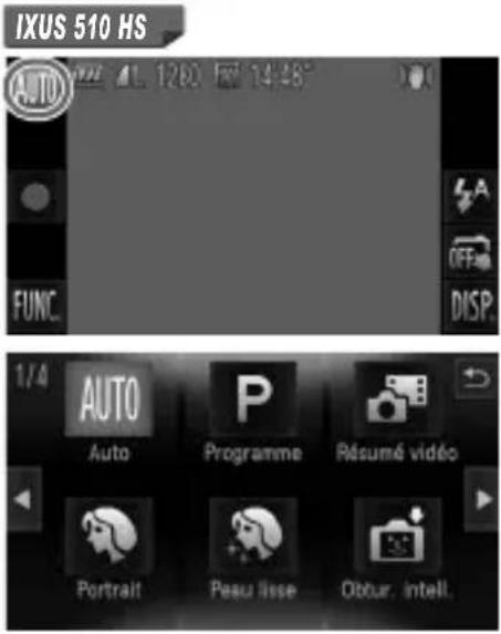 IXUS 510 HS AUTO FUNC. 1/4 AUTO Auto Programme Résumé vidéo Portrait Peau lisse Obtur, intell.