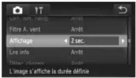 L' image s'affiche la durée définie Fitre A. vent Affichage 2 sec. Live info Arrêt Diter screen Arrêt
