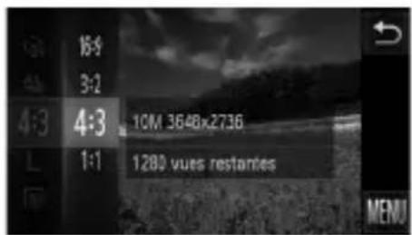 15:9 3:2 4:3 4:3 L 1:1 10M 3648x2736 1280 vues restantes MENU