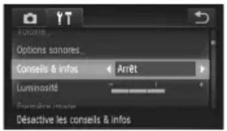 Options tanores Conseils & infos Arrêt Luminosité Désactive les conseils & infos