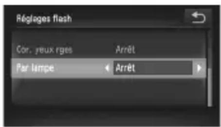 Réglages flash Cor. yeux rges Arrêt Par lampe Arrêt