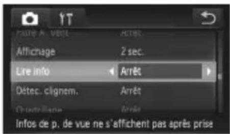Faire A. Vent Attec. Affichage 2 sec. Lire info Arrêt Détec. clignem. Arrêt Clustérisme Arrêt Infos de p. de vue ne s'affichent pas après prise
