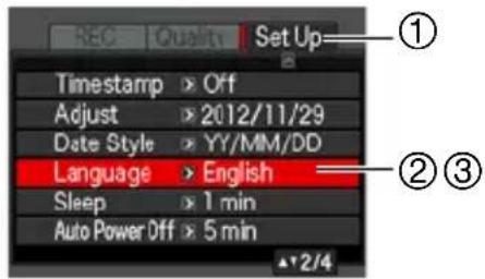 REC | Quality | Set Up Timestamp > Off Adjust > 2012/11/29 Date Style > YY/MM/DD Language > English Sleep > 1 min Auto Power Off > 5 min ▲2/4