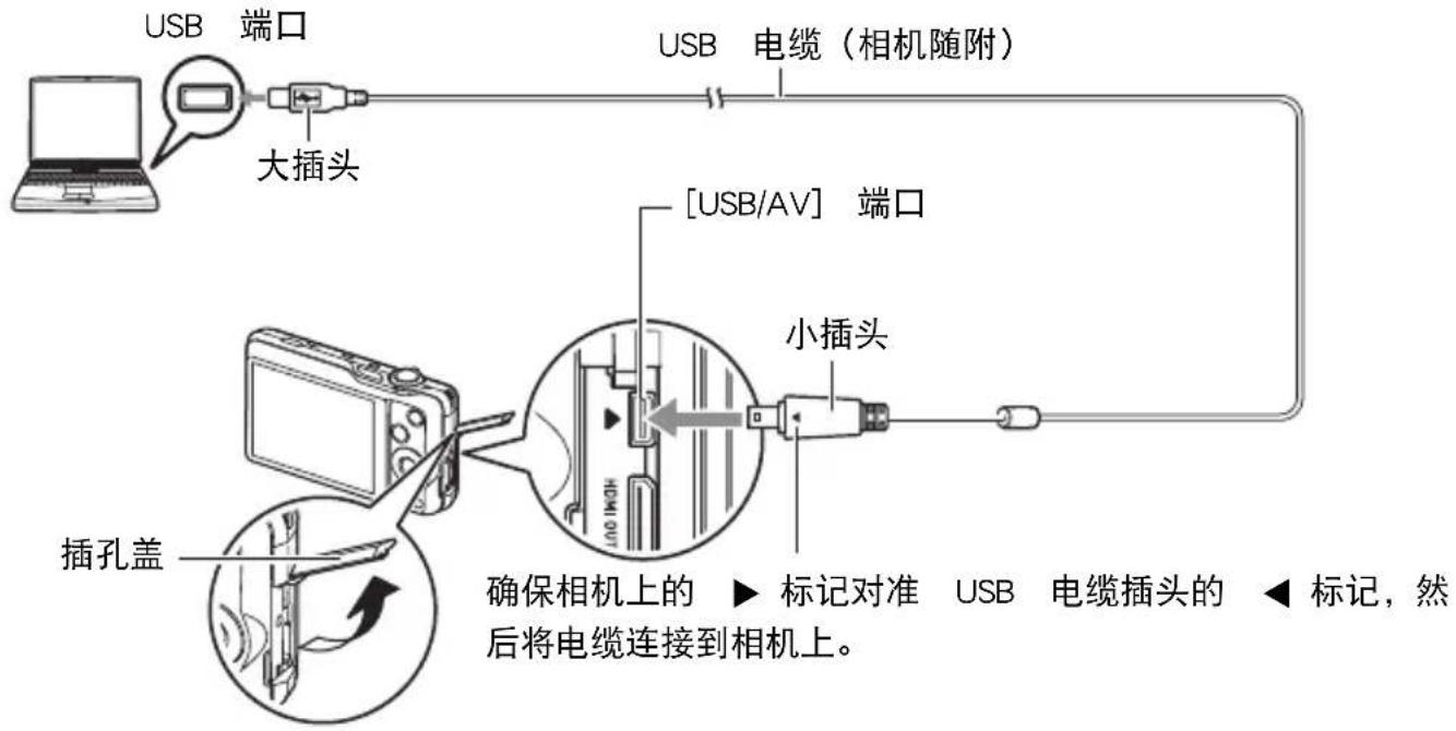 USB 端口 大插头 USB 电缆（相机随附） [USB/AV] 端口 小插头 插孔盖 确保相机上的 ▶ 标记对准 USB 电缆插头的 ◀ 标记，然后将电缆连接到相机上。