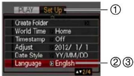 PLAY Set Up Create Folder World Time Home Timestamp Off Adjust 2012/ 1/ 1 Date Style YY/MM/DD Language English ① ②③