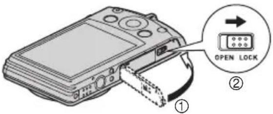 CASIO Exilim EX-S300 - 按 [ON/OFF] （电源）关闭相机电源，然后打开电池盖。 - 3