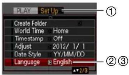PLAY Set Up Create Folder World Time Home Timestamp Off Adjust 2012/ 1/ 1 Date Style YY/MM/DD Language English 2/3