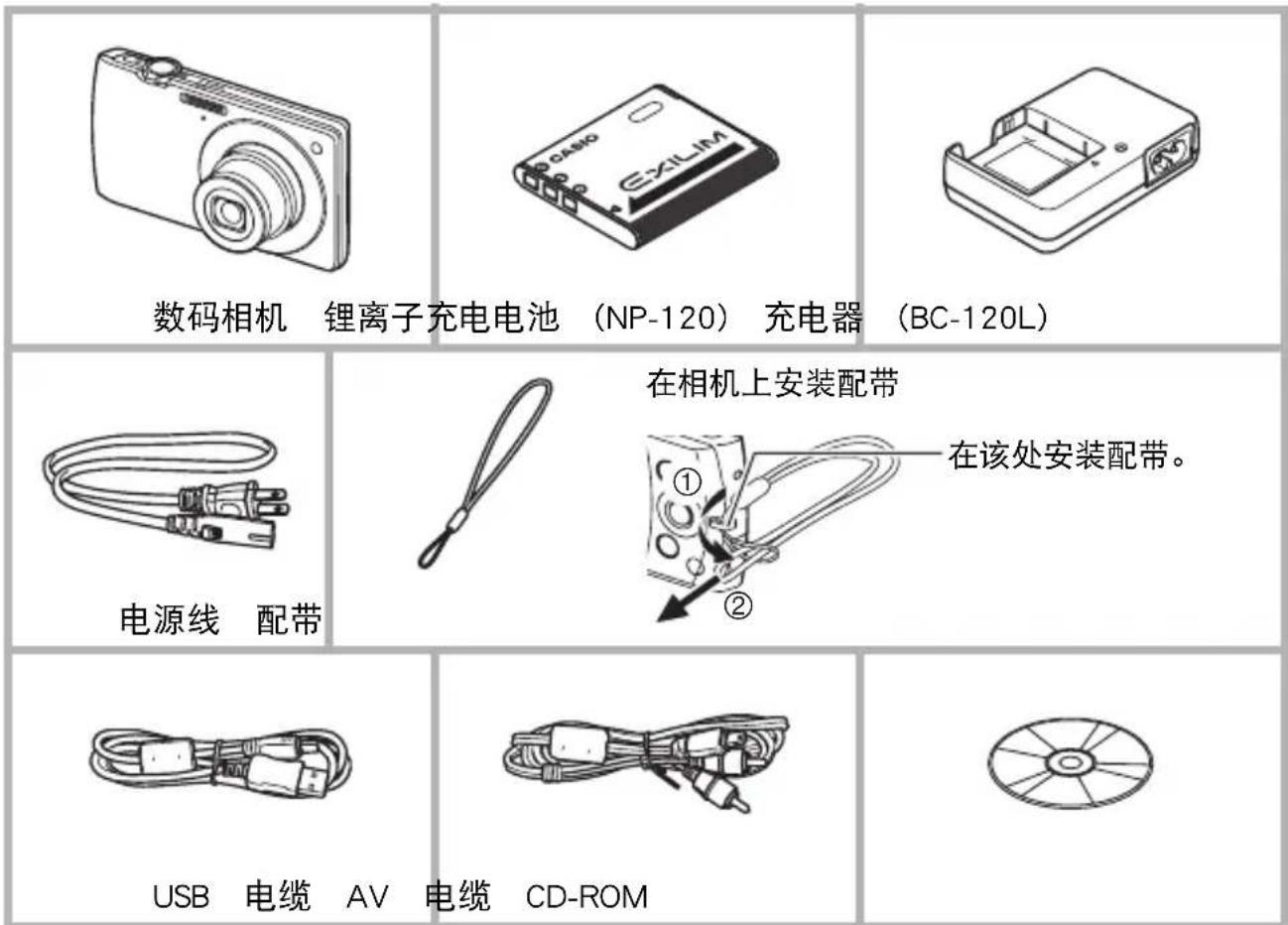 数码相机 锂离子充电电池 (NP-120) 充电器 (BC-120L) 在相机上安装配带 电源线 配带 ① ② 在该处安装配带。 USB 电缆 AV 电缆 CD-ROM