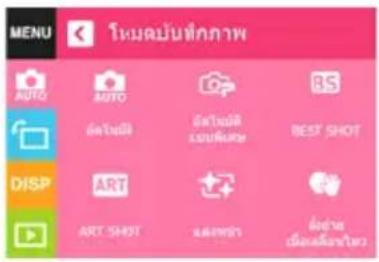 MENU โหมลบั้นที่กภาพ AUTO AUTO อังหวัดมี อังหวัดมี USEP BEST SHOT DISP ART ART SHOT ลําเทอร์ ลําเทอร์ เมืองสติจําไตร่ ลําเทอร์ SPS