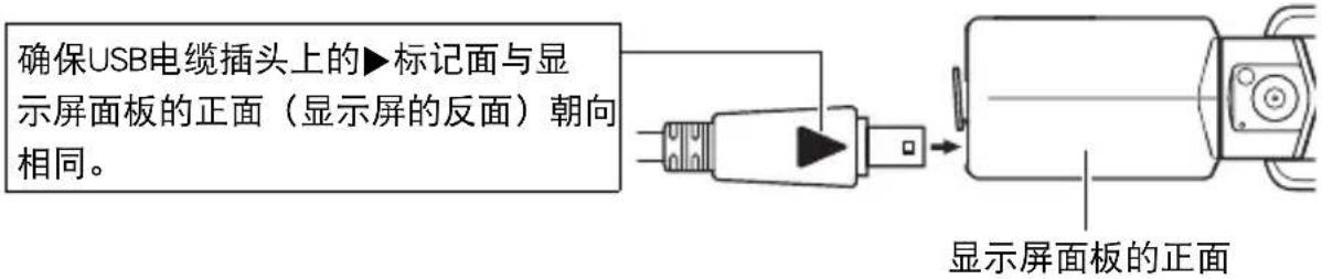 确保USB电缆插头上的▶标记面与显示屏面板的正面（显示屏的反面）朝向相同。