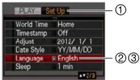 PLAY Set Up World Time Home Timestamp Off Adjust 2012/ 1/ 1 Date Style YY/MM/DO Language English Sleep 1 min ① ②③