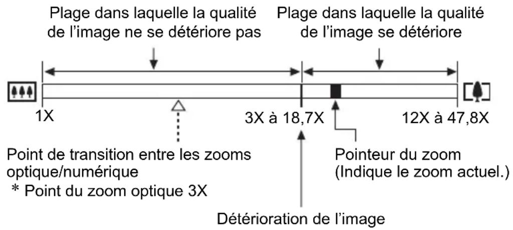 Plage dans laquelle la qualité de l'image ne se détériore pas Plage dans laquelle la qualité de l'image se détériore 1X 3X à 18,7X 12X à 47,8X Point de transition entre les zooms optique/numérique * Point du zoom optique 3X Pointeur du zoom (Indique le zoom actuel.) Détérioration de l'image