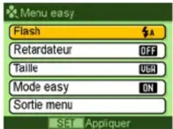 Menu easy Flash Retardateur OFF Taille VGA Mode easy ON Sortie menu SET Appliquer