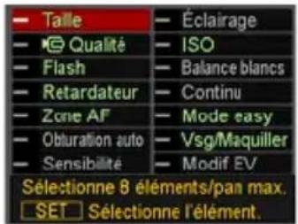 Talle Qualité Flash Retardateur Zone AF Obluration auto Sensibilité Éclairage ISO Balance blancs Continu Mode easy Vsg/Maquiller Modif EV Sélectionne 8 éléments/pan max. SET Sélectionne l'élément.