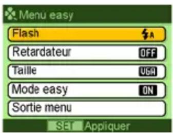 Menu easy Flash Retardateur OFF Taille VGA Mode easy ON Sortie menu SET Appliquer