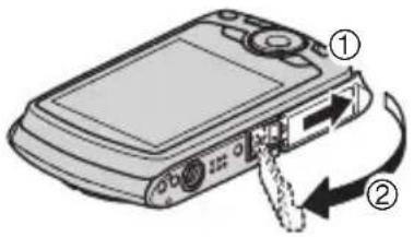 CASIO Exilim EX-Z350 - Appuyez sur [ON/OFF] (Alimentation) pour mettre l'appareil photo hors service, puis ouvrez le couvercle de batterie. - 1
