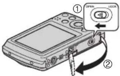CASIO Exilim EX-Z37 - 1.Ouvrez le couvercle de batterie. - 1