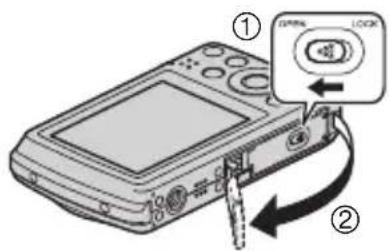 CASIO Exilim EX-Z37 - Appuyez sur [ON/OFF] (Alimentation) pour mettre l'appareil photo hors service, puis ouvrez le couvercle de batterie. - 1