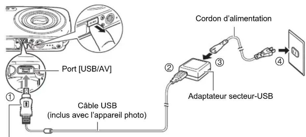 Port [USB/AV] Câble USB (inclus avec l'appareil photo) Cordon d'alimentation Adaptateur secteur-USB