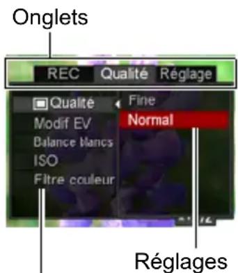 Onglets REC Qualité Réglage Qualité Fine Modif EV Normal Balance Mancs ISO Filtre couleur Réglages