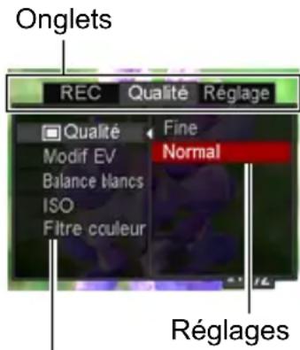 Onglets REC Qualité Réglage Qualité Modif EV Balance blancs ISO Fitre couleur Fine Normal Réglages