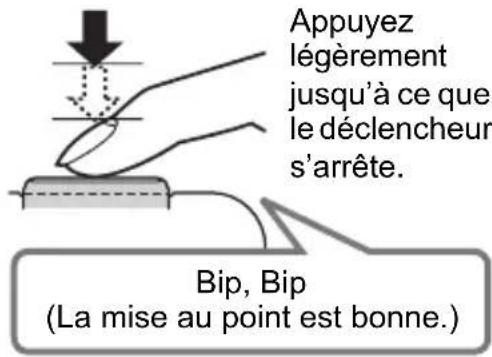 Appuyez légèrement jusqu'à ce que le déclencheur s'arrête. Bip, Bip (La mise au point est bonne.)