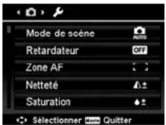 Mode de scène Retardateur Zone AF Netteté Saturation Selectionner Quitter