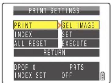 PRINT SETTINGS PRINT SEL IMAGE INDEX SET ALL RESET EXECUTE RETURN DPOF 0 PRTS INDEX SET OFF