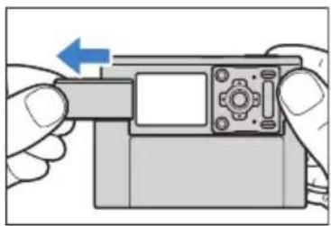 Illustration of hands holding a device with a blue arrow indicating left motion (no text or symbols)