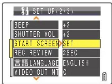 SET UP (2/3) BEEP +2 SHUTTER VOL +2 START SCREEN SET REC REVIEW 2SEC LANGUAGE ENGLISH VIDEO OUT NTSC