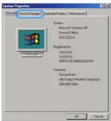 System Properties. General, Device Manager, Advanced, Performance. System: Microsoft Windows 98 Second Edition 4.10.2222A. Registered To: 30000000 30000000 50578.328.0495024-02191. Computer: General trial x86 Family & Model 80 Repping 6. 256.0MB RAM. OK Cancel.