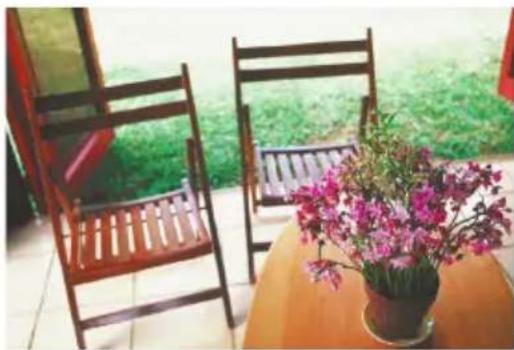 Outdoor patio scene with wooden folding chairs and a potted floral arrangement on a table (no text or symbols visible)