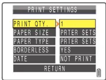 PRINT SETTINGS PRINT QTY. > 1 PAPER SIZE PRINTER SETS PAPER TYPE PRINTER SETS BORDERLESS YES DATE NOT PRINT RETURN