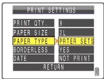 PRINT SETTINGS PRINT QTY. 9 PAPER SIZE 2L PAPER TYPE PRINTER SETS BORDERLESS YES DATE NOT PRINT RETURN