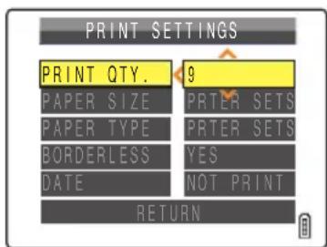PRINT SETTINGS PRINT QTY. 9 PAPER SIZE PRINTER SETS PAPER TYPE PRINTER SETS BORDERLESS YES DATE NOT PRINT RETURN