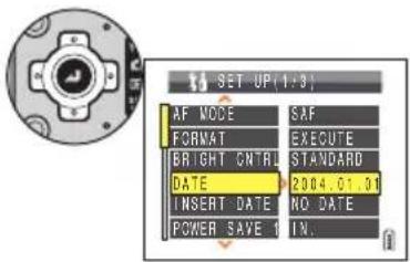 Set Up (1:3) AF Mode: SAF Format: Execute Bright Ctrl: Standard Date: 2004.01.01 Insert Date: No Date Power Save: In.