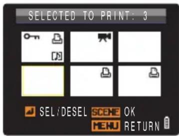 SELECTED TO PRINT: 3 SEL/DESEL SCENE OK MENU RETURN